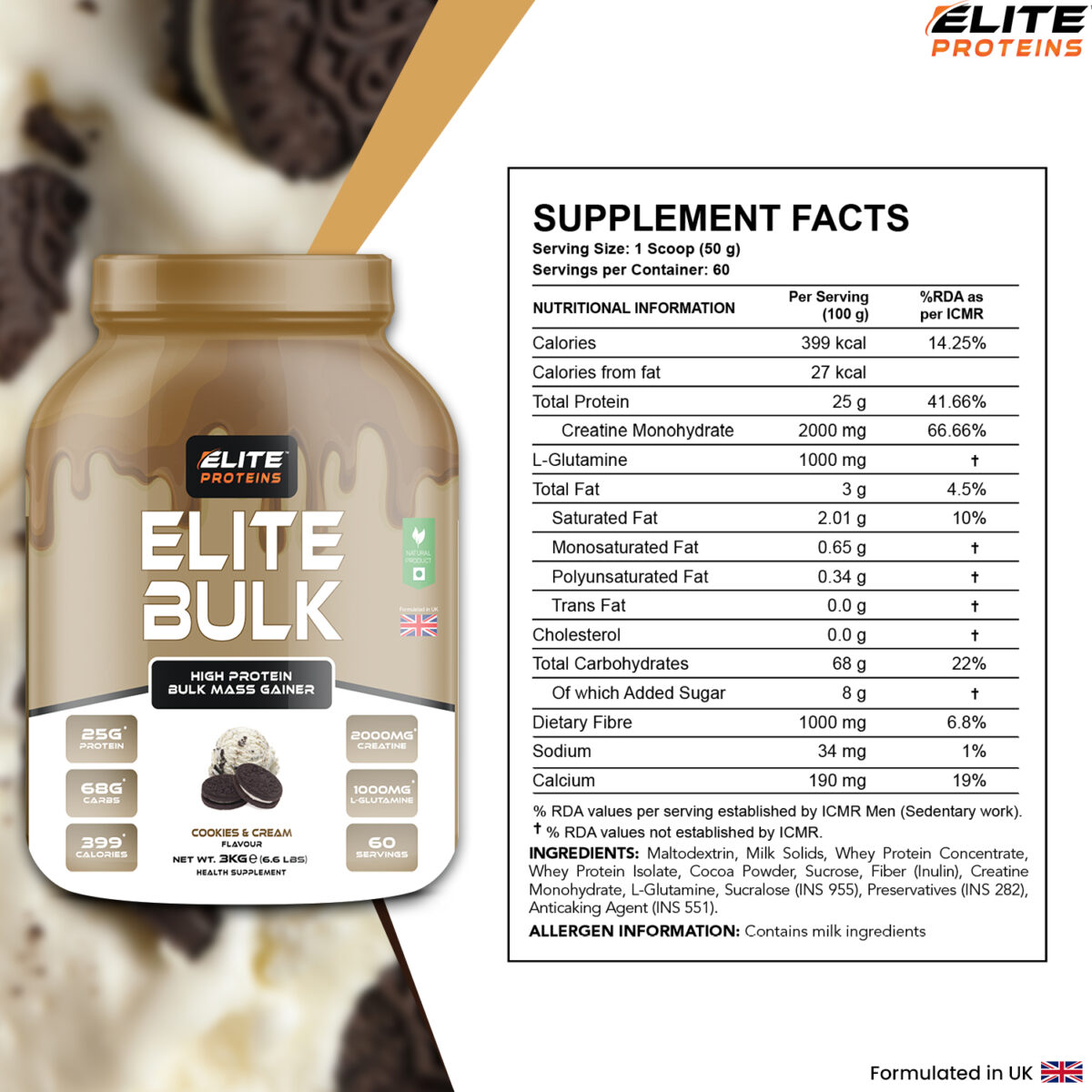 Elite Proteins Powder in Cookies and Cream Flavour